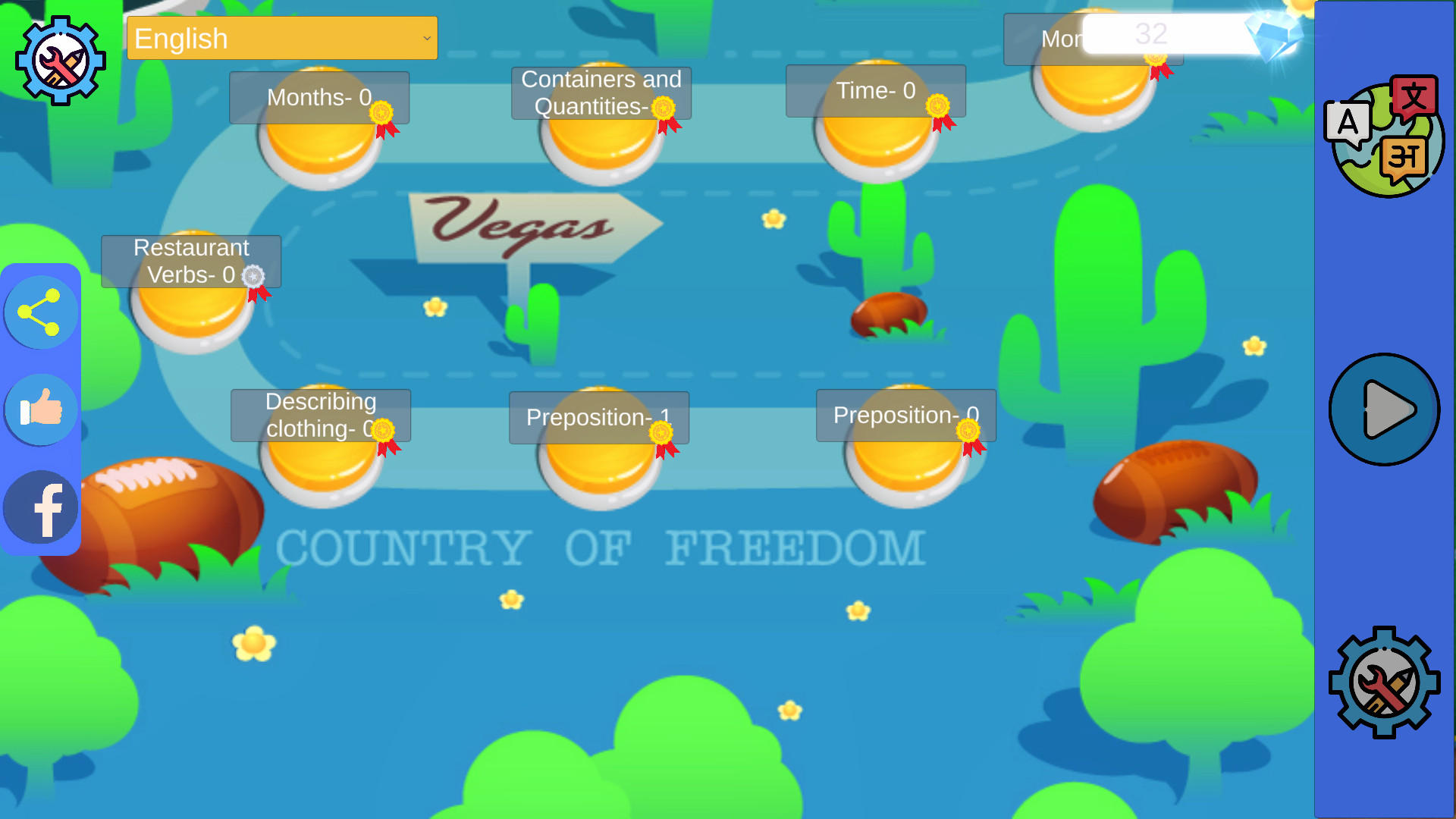 Lingo Club lessons map view - English vocabulary topics